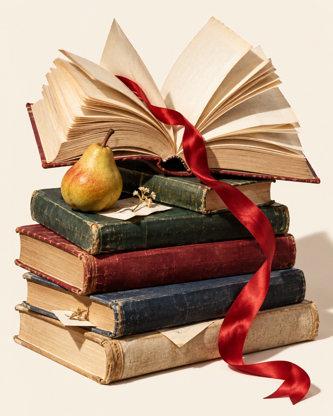 A ribbon spills through an open book onto a stack of well-loved novels, with a pear tucked beside the pages.